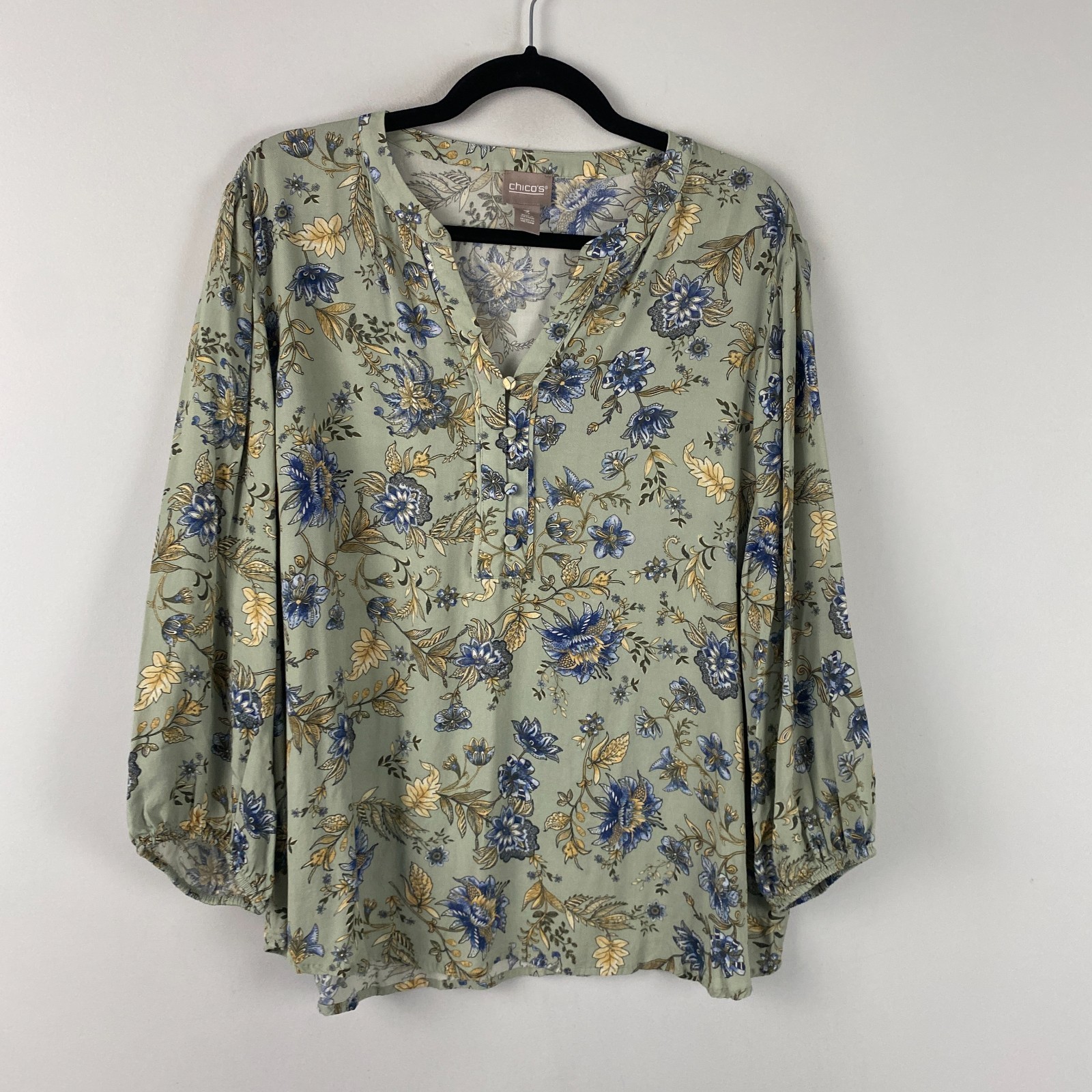 Chicos Green Floral Popover Blouse Size 3 US XL Rayon V Neck 3/4 Sleeves Boho