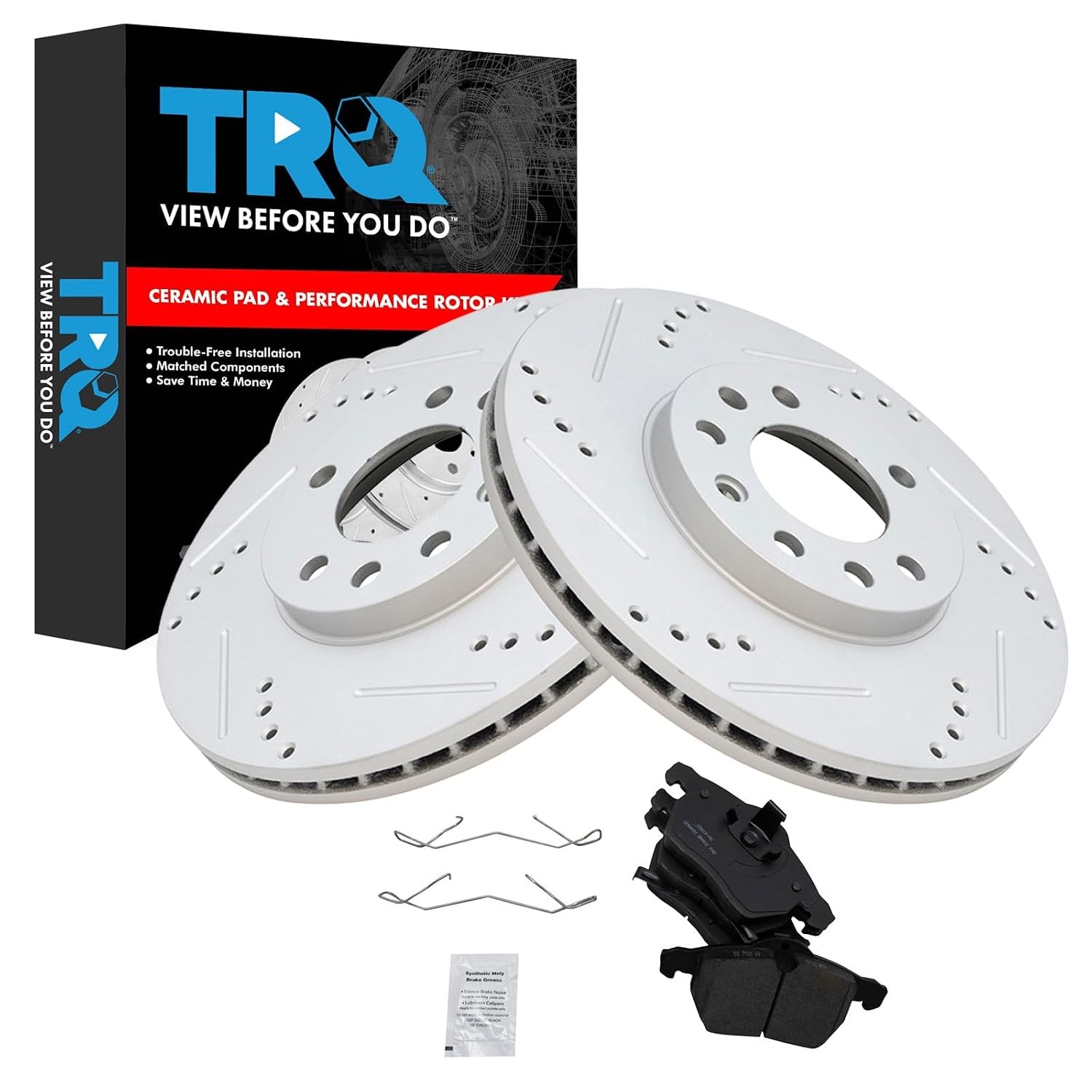 TRQ Performance Ceramic Coated Drilled Slotted Front Brake Pad Rotor Set TRQ Performance Ceramic Coated Drilled Slotted Front Brake Pad Rotor Set