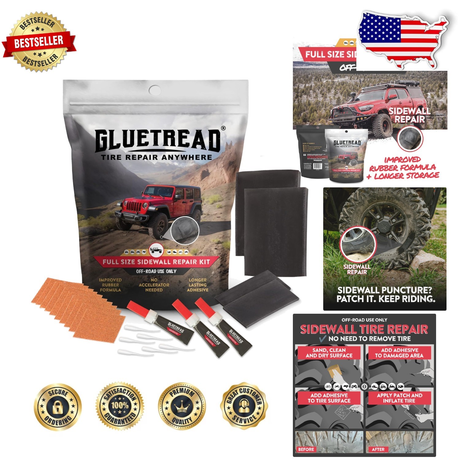 GlueTread 4x4 Tire Repair Kit - Full Size Sidewall Patch, Fast Cure, 10 Min, ... GlueTread 4x4 Tire Repair Kit - Full Size Sidewall Patch, Fast Cure, 10 Min, ...