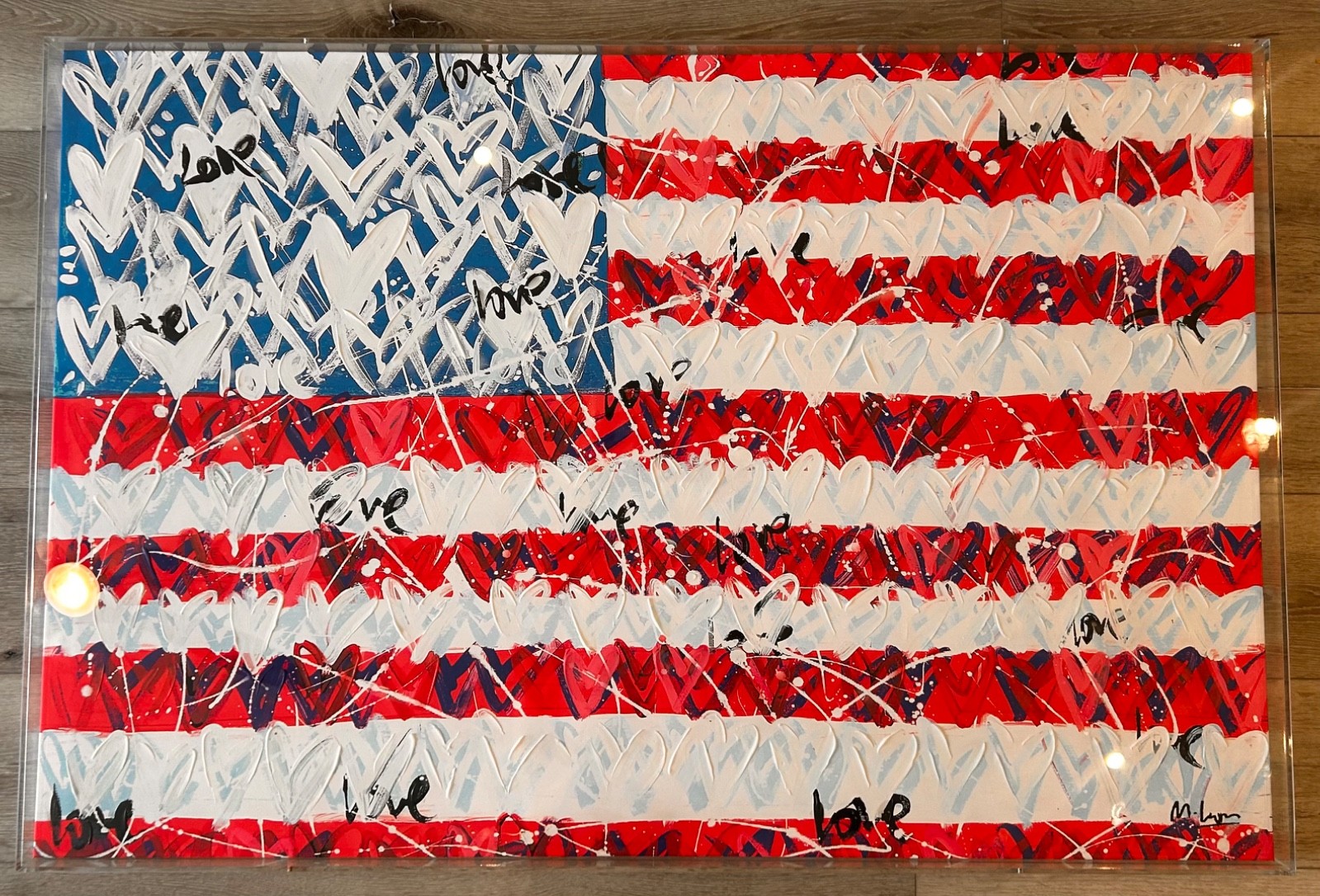 Mercedes Lagunas Original Acrylic Painting USA Love Flag Framed 1/1 Pop Art RARE