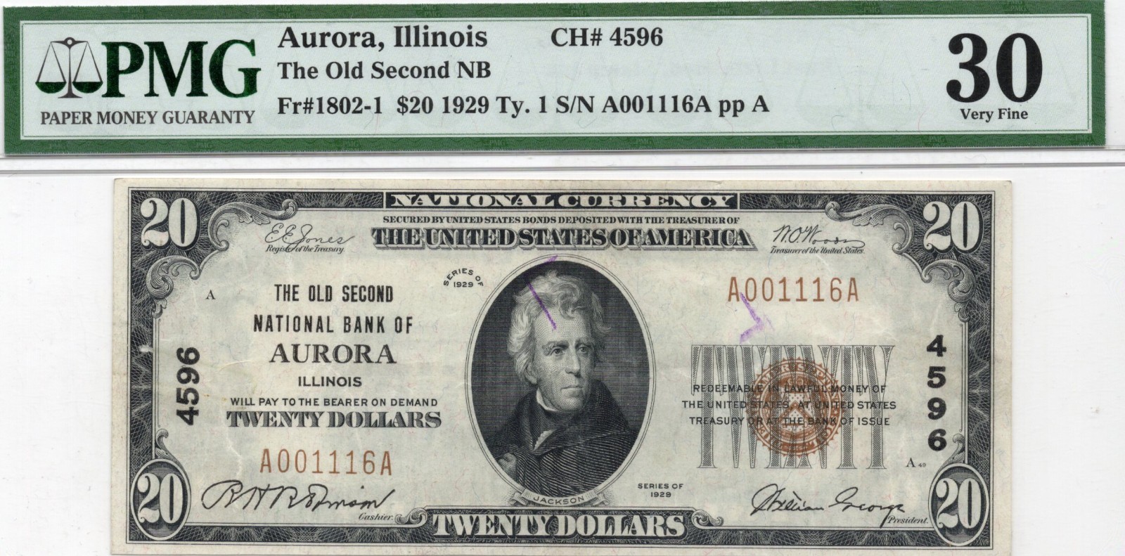 1929 Aurora $20 National Banknote CH 4596 ~ PMG 30 1929 Aurora $20 National Banknote CH 4596 ~ PMG 30