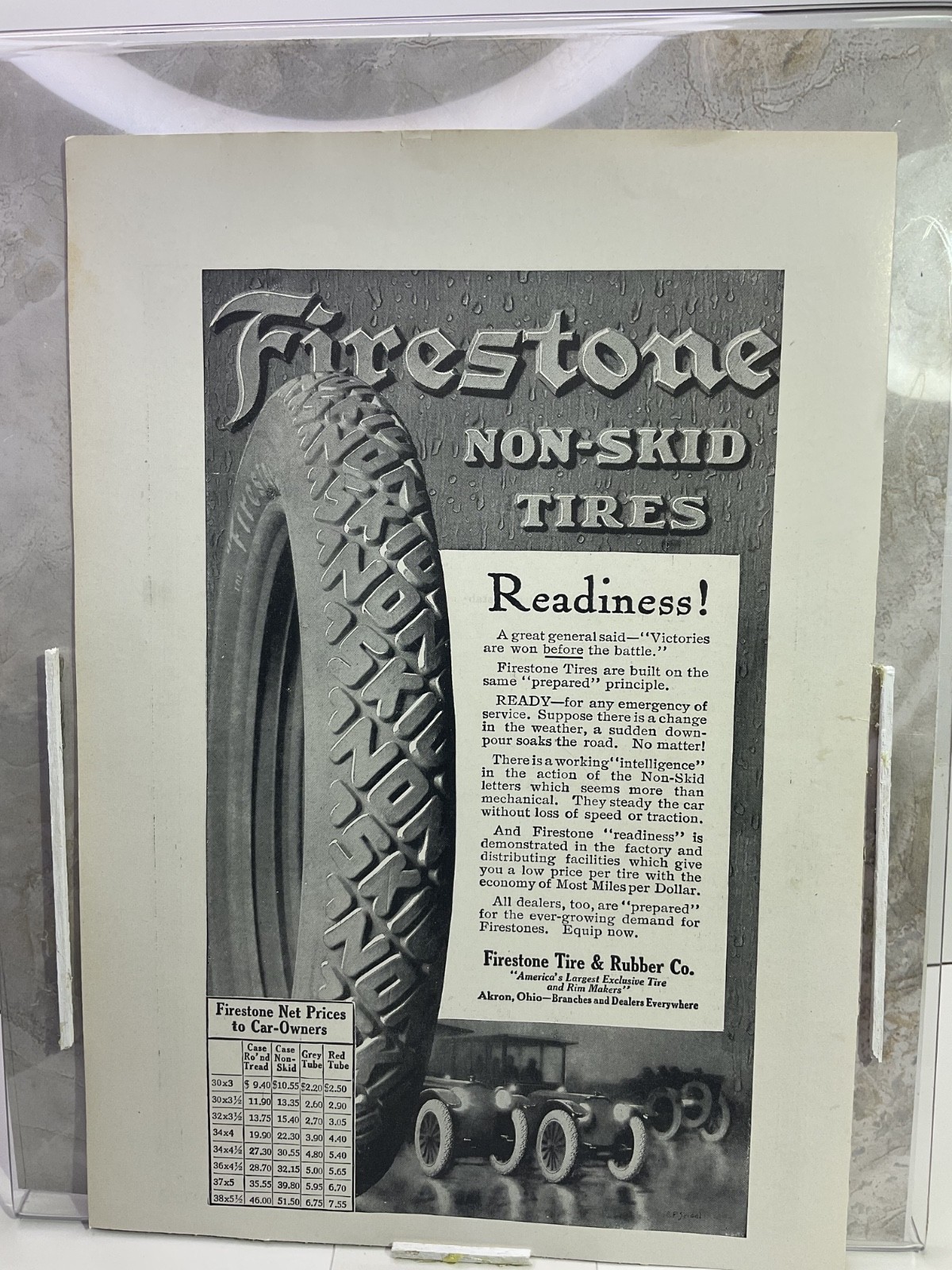 1915 Vintage Printed Advertisements, Firestone Tire & Rubber with 1915 Prices.