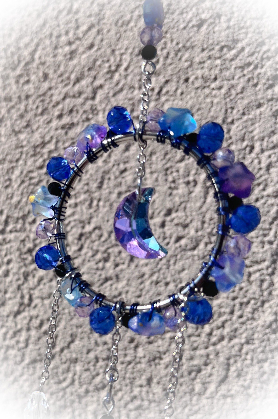 Blue Purple Clear Silver Beaded Crescent Moon Crystal Hanging Suncatcher Blue Purple Clear Silver Beaded Crescent Moon Crystal Hanging Suncatcher