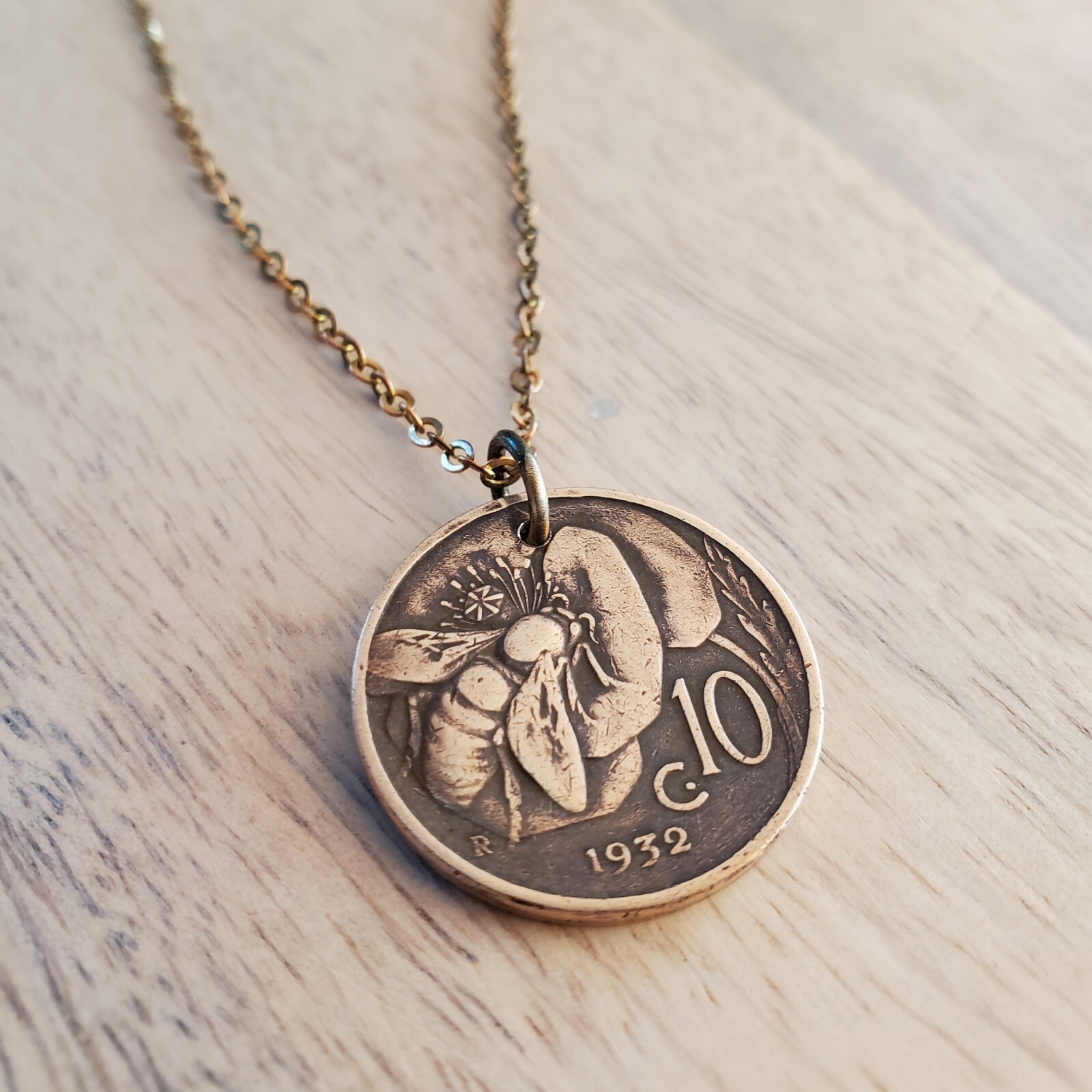 Vintage Italy Honeybee Coin Necklace, Beekeeper Gift, Antique 10 Centesimi Coin Vintage Italy Honeybee Coin Necklace, Beekeeper Gift, Antique 10 Centesimi Coin