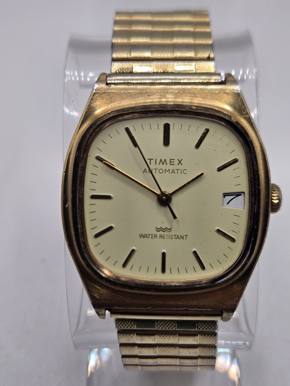 Vintage 1983 Timex E-Line Automatic Watch Gold Tone, 34mm with Expansion Band