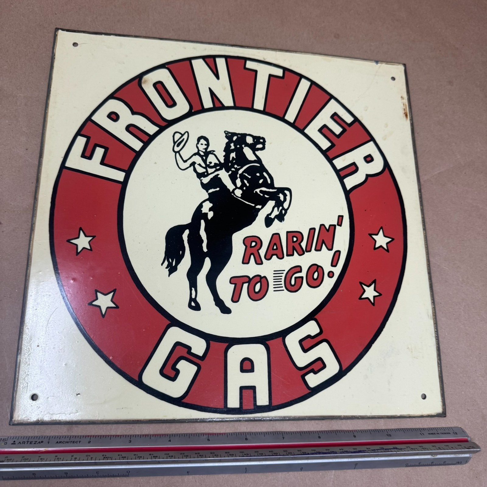 Vintage Frontier Gas Sign Reproduction - 12 x 12 - “Rarin’ to Go” Vintage Frontier Gas Sign Reproduction - 12 x 12 - “Rarin’ to Go”