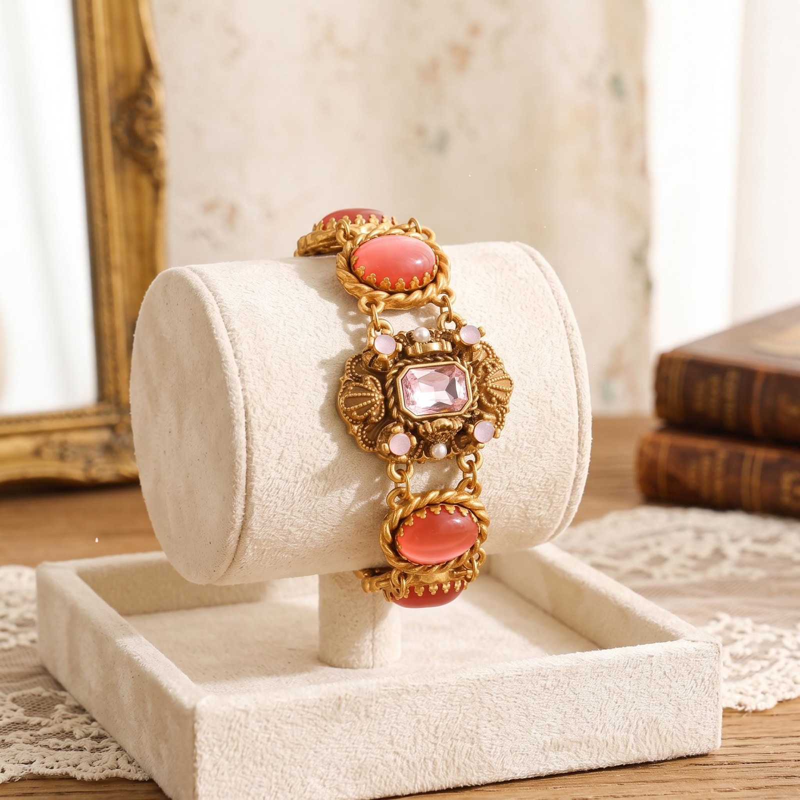West Germany Antique Gold Palace Style Cat Eye Bracelet Pink Crystal Centerpiece