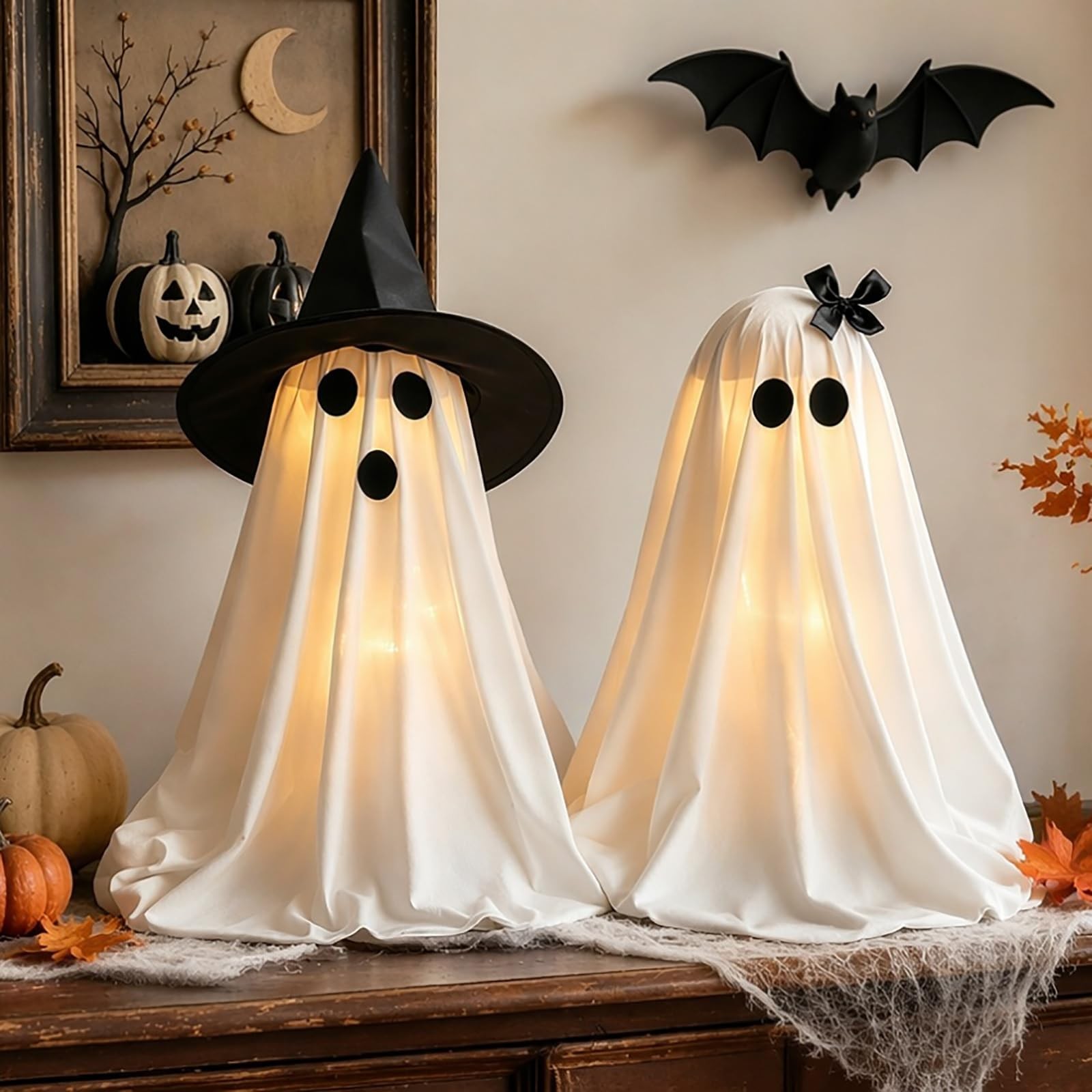 Halloween Decorations Light-Up Ghosts with Witch Hats, Indoor 21.5inch, White