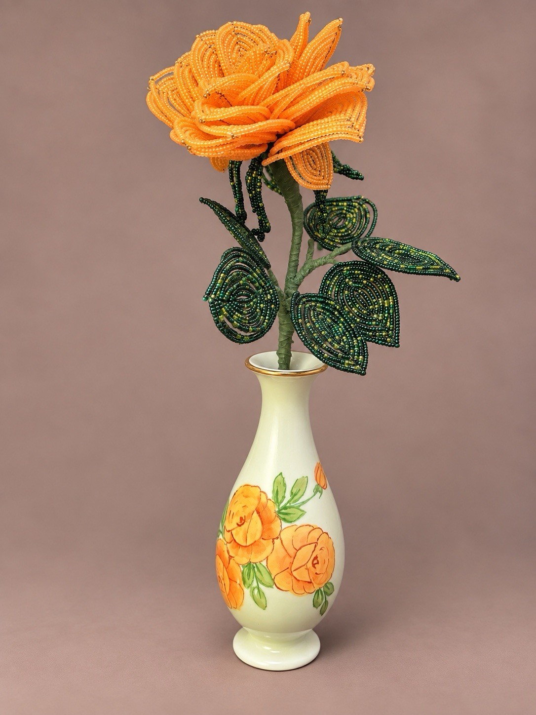 Vintage French Beaded Orange Rose In Vintage Vase With Painted Rose Design