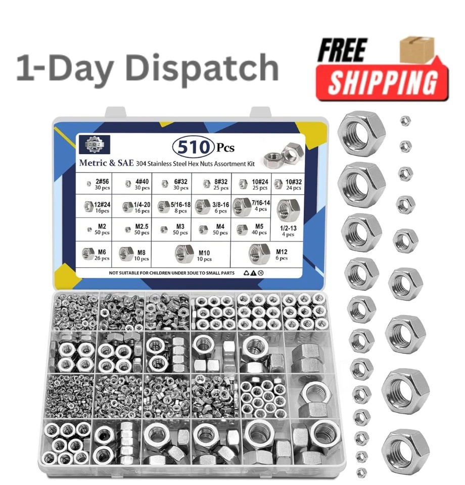 ZQZ 510 Pcs SAE & Metric Stainless Steel Hex Nut Assortment Kit Hardware Set