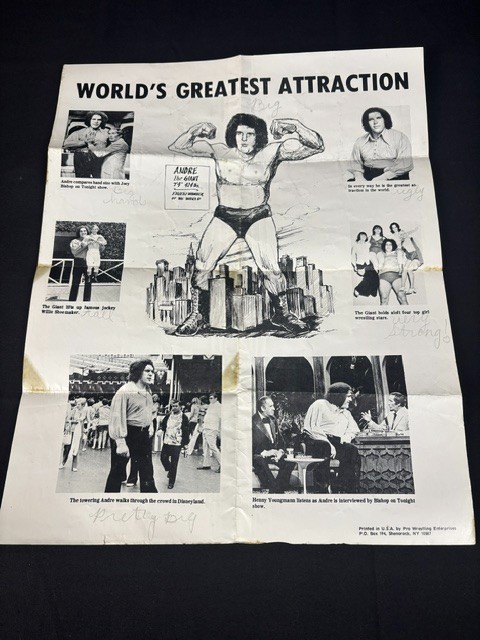 1975 Andre Giant Pro Wrestling Enterprises Poster Signed by Bruno Sammartino