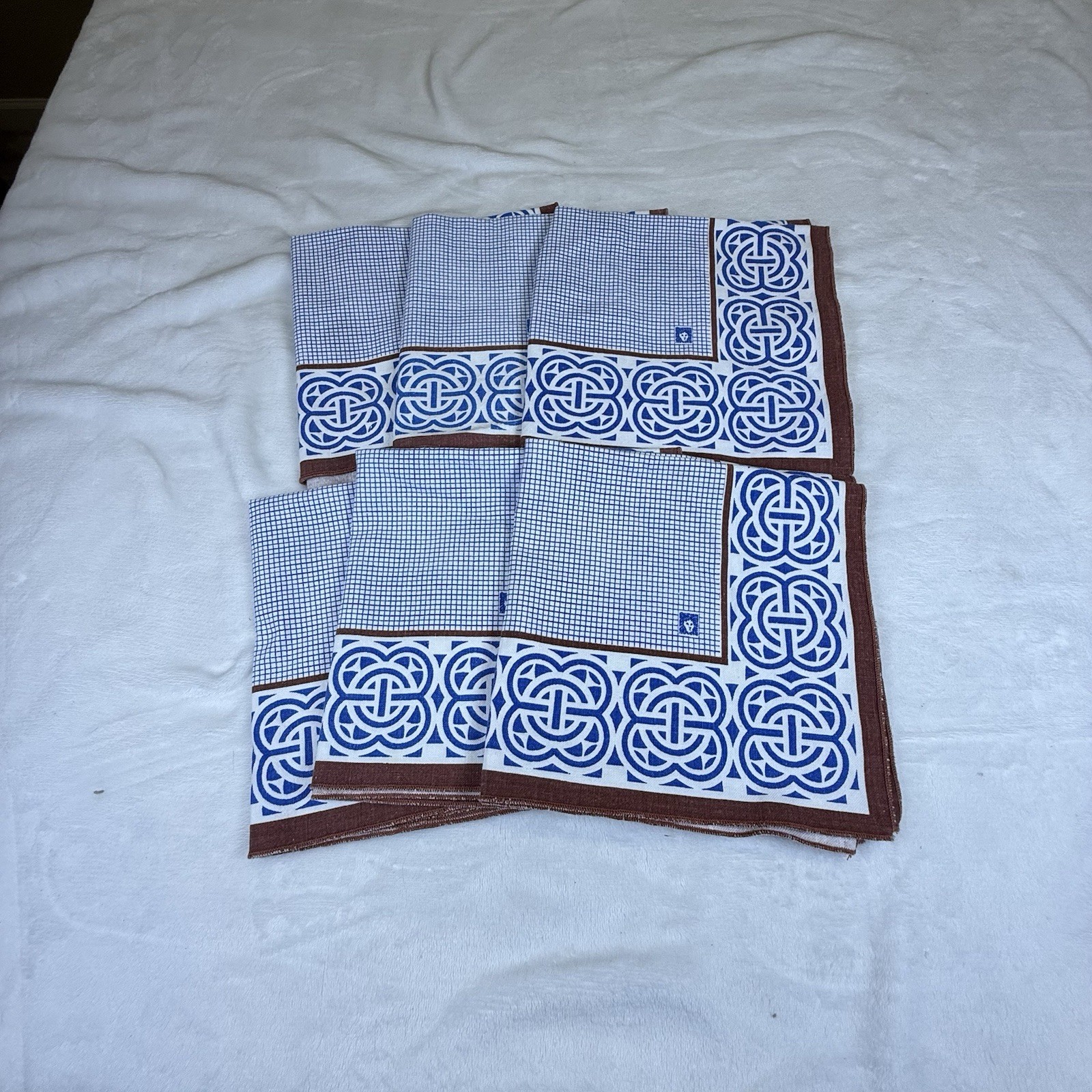 Vintage Anne Klein Cotton Scarf Handkerchief Lot Lion Logo Blue Brown Geometric Vintage Anne Klein Cotton Scarf Handkerchief Lot Lion Logo Blue Brown Geometric