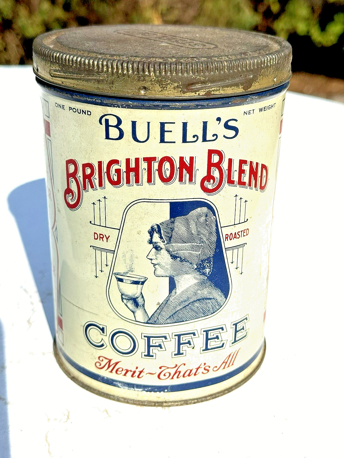 ANTIQUE BUELL'S BRIGHTON BLEND 1 LB. ALL METAL COFFEE TIN CAN ROCHESTER N.Y.
