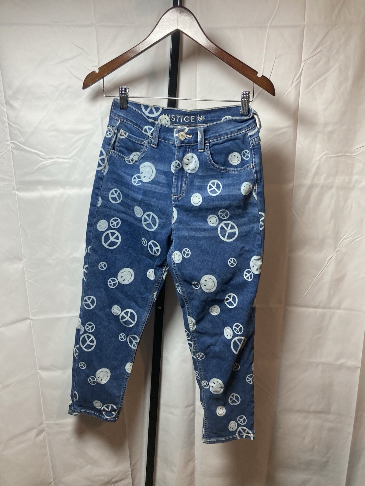 Justice x Stranger Things Mini Mom Jeans Girls Size 16 Peace Smiley Denim