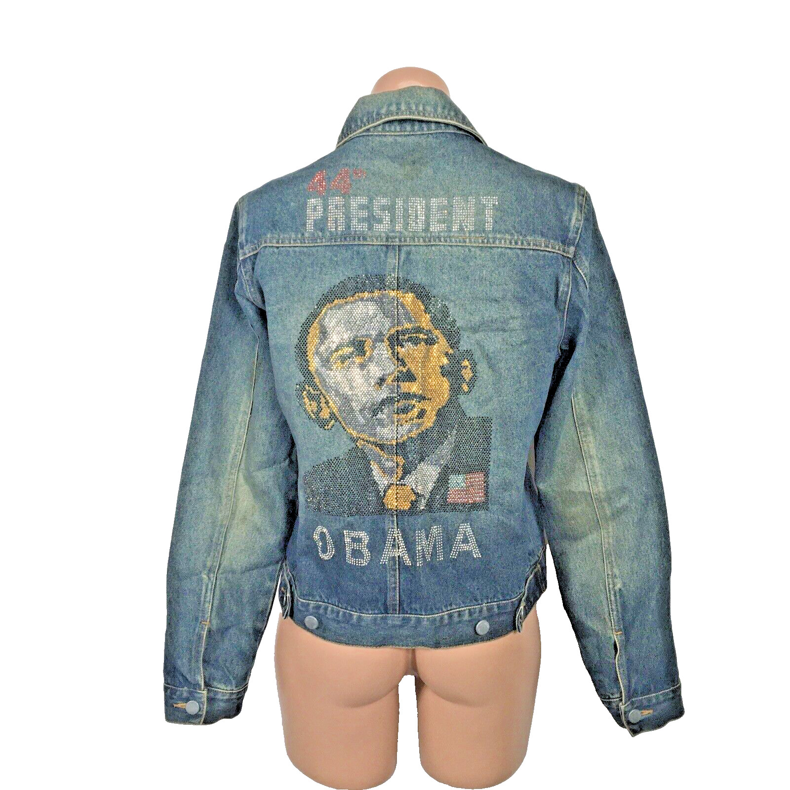 Vintage Handmade Obama graphic jean jacket Rhinestone Sequin 44th President sz M