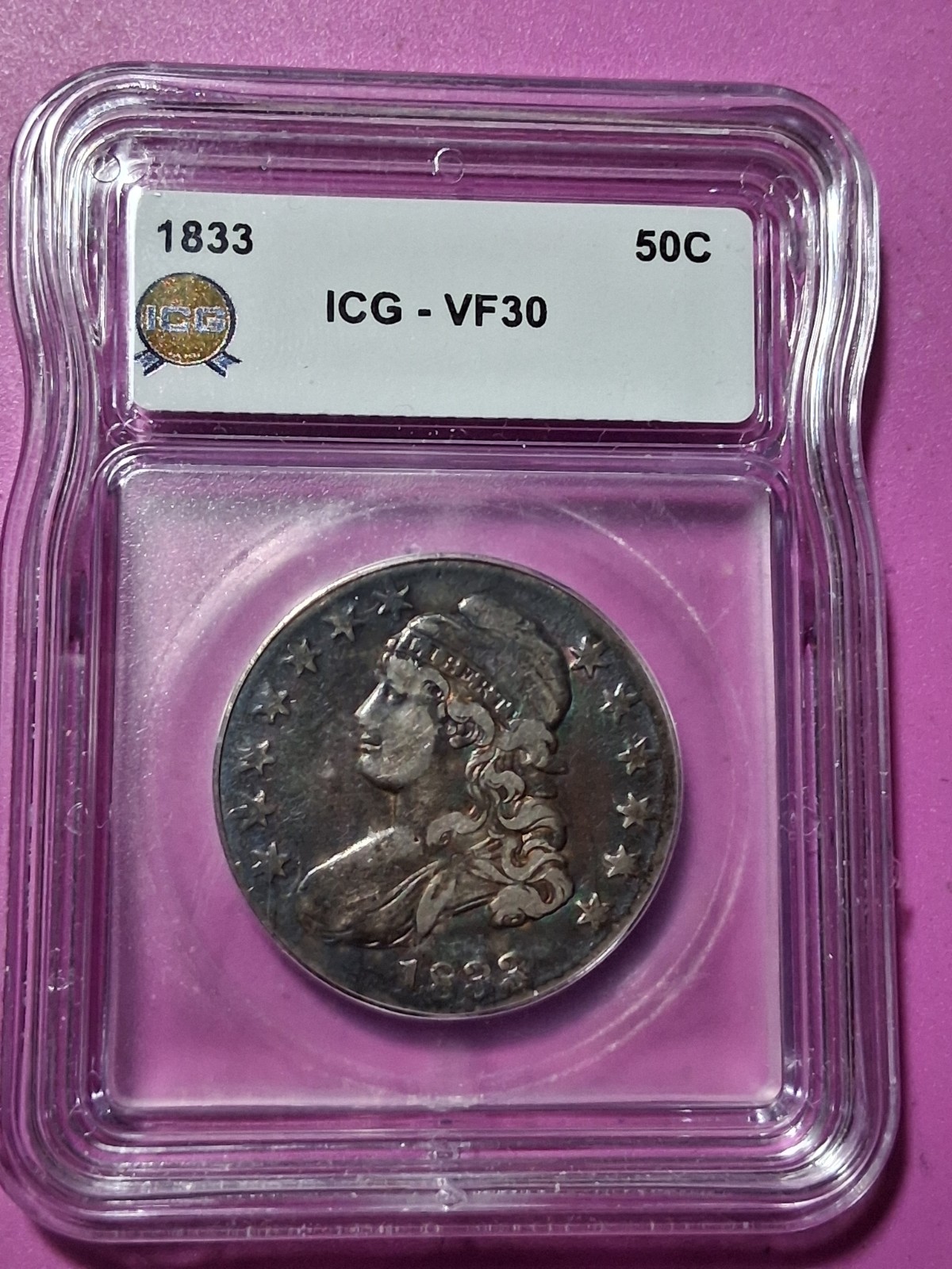 1833 CAPPED BUST HALF DOLLAR. ICG - VF30 . 1833 CAPPED BUST HALF DOLLAR. ICG - VF30 .