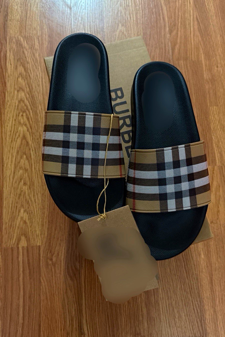 Burberry Men\'s Check Logo Slide Sandals Rubber Slip-On Black/Beige Size 8
