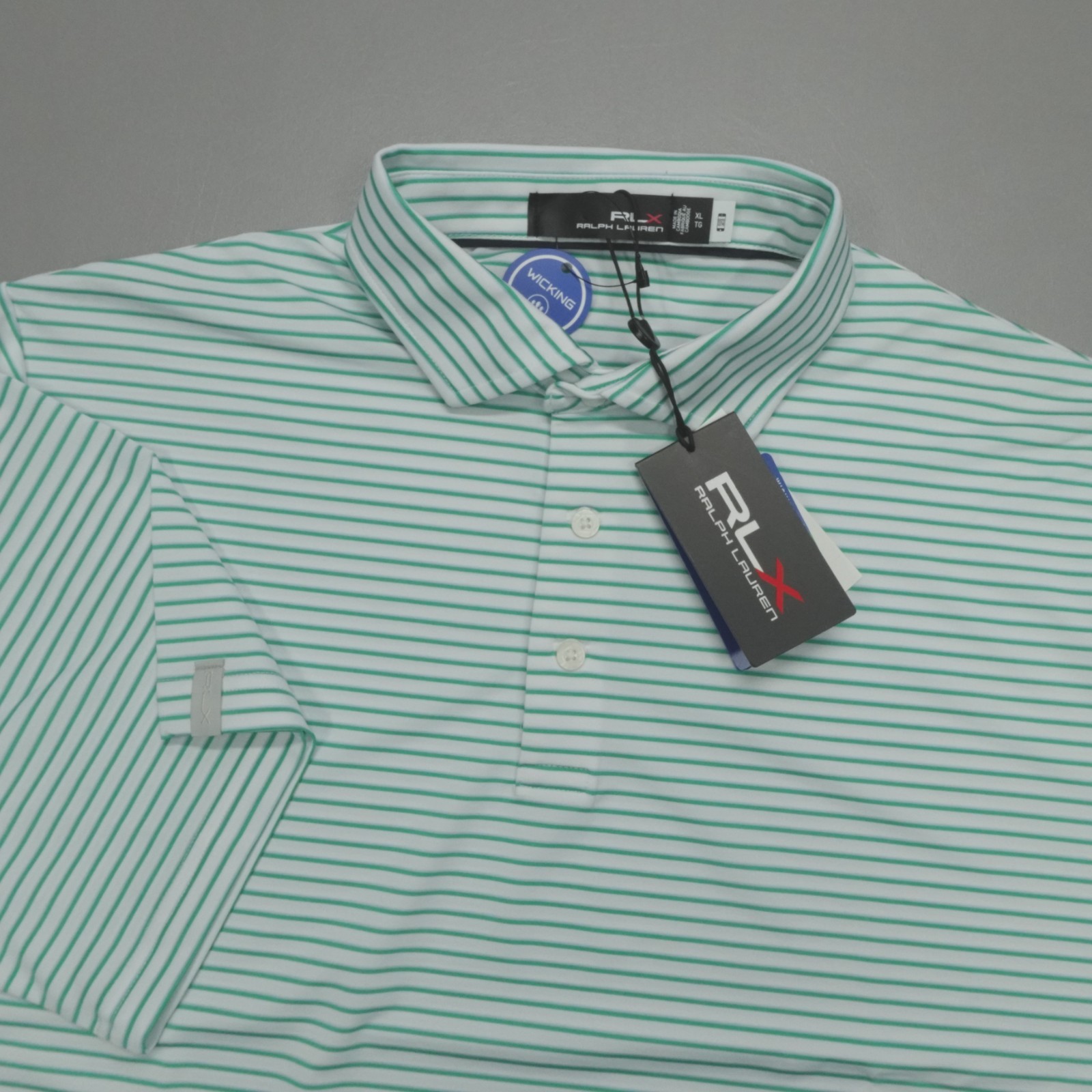 RLX Ralph Lauren Men's Green & White Striped Performance Golf Polo Shirt NWT $98 RLX Ralph Lauren Men's Green & White Striped Performance Golf Polo Shirt NWT $98