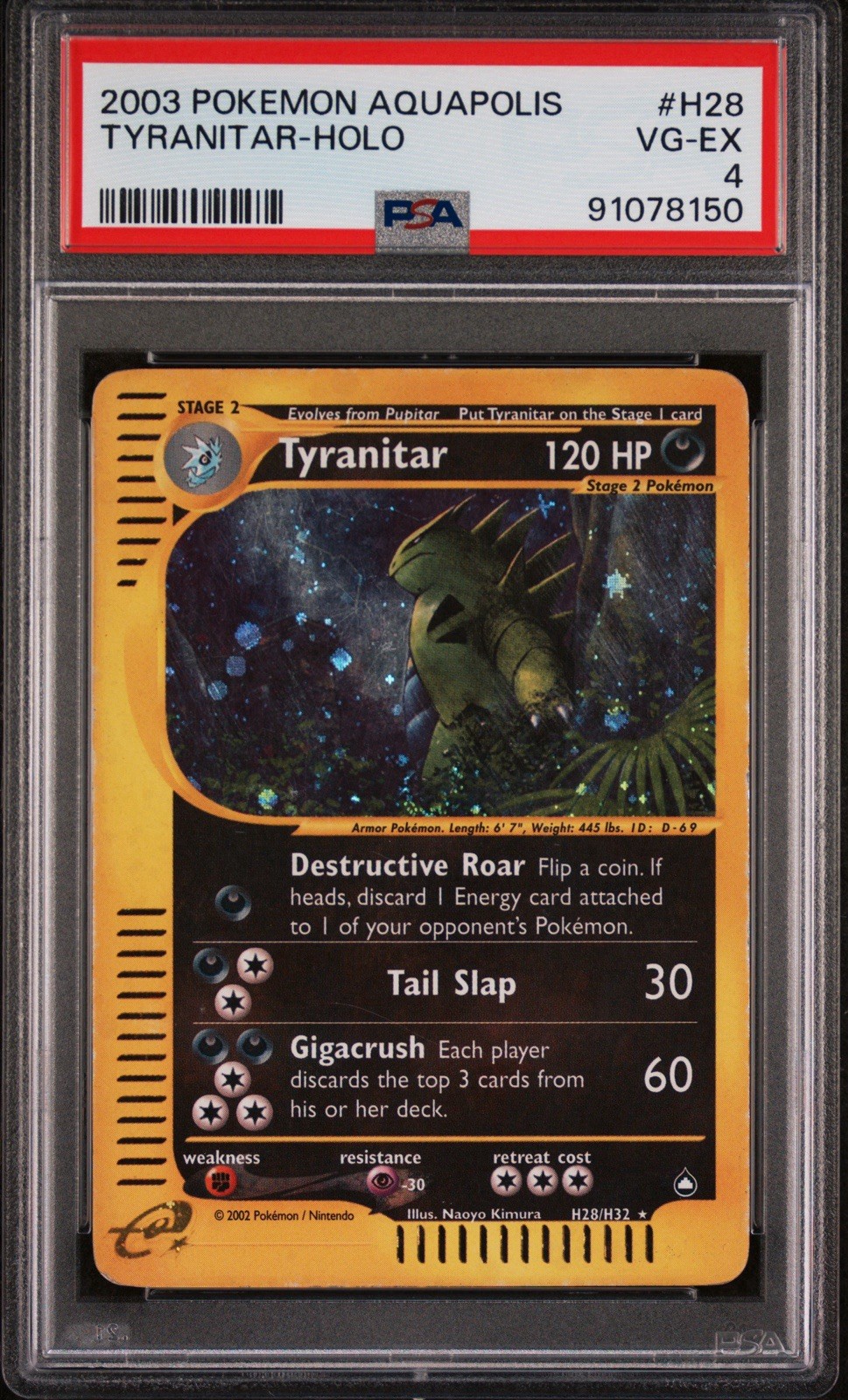 2003 Aquapolis Tyranitar Holo Rare Pokemon TCG H28/H32 PSA VG-EX 4 Graded Swirl 2003 Aquapolis Tyranitar Holo Rare Pokemon TCG H28/H32 PSA VG-EX 4 Graded Swirl