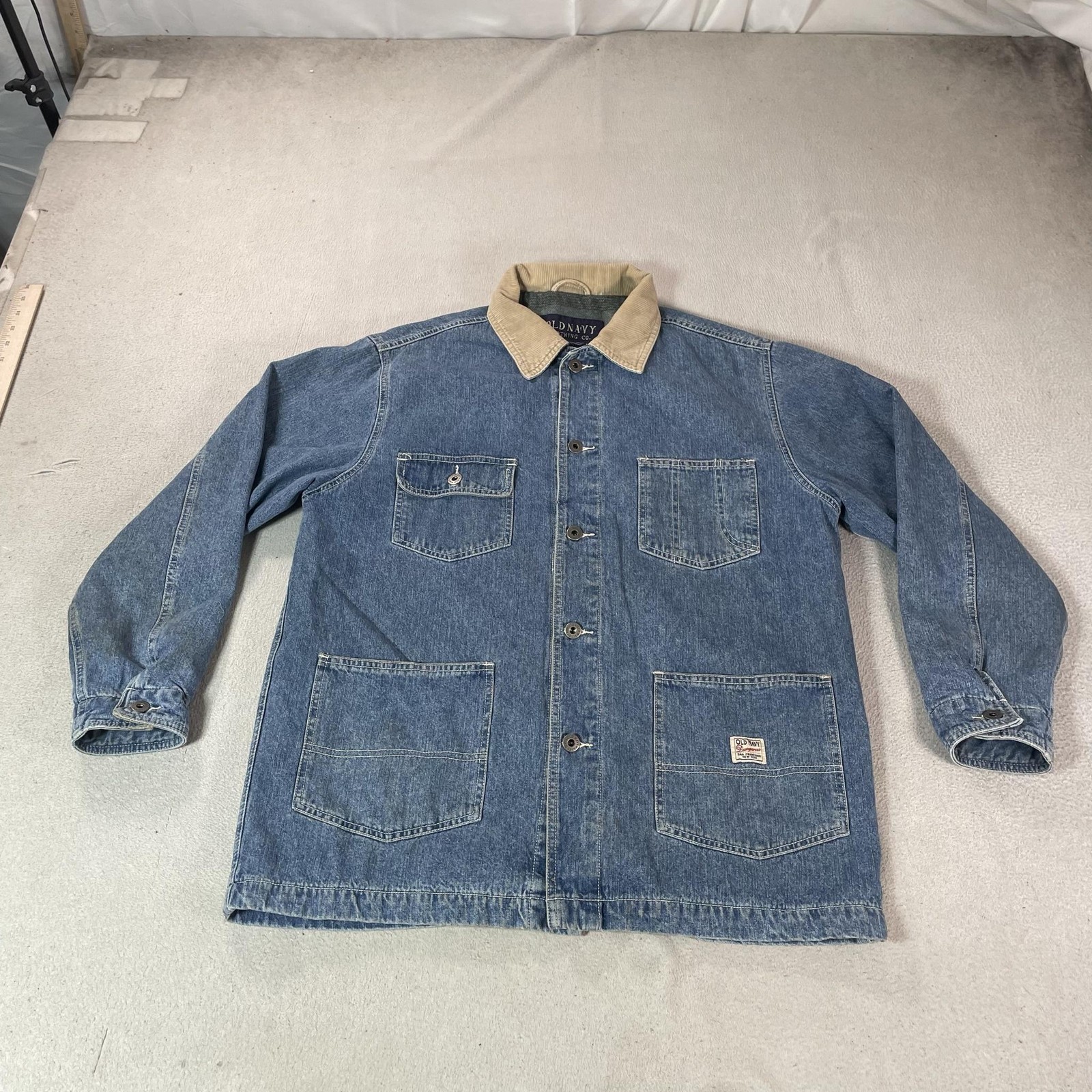 Vintage Old Navy Chore Jacket Mens Small Blue Denim Aztec Lined Coat Dungarees