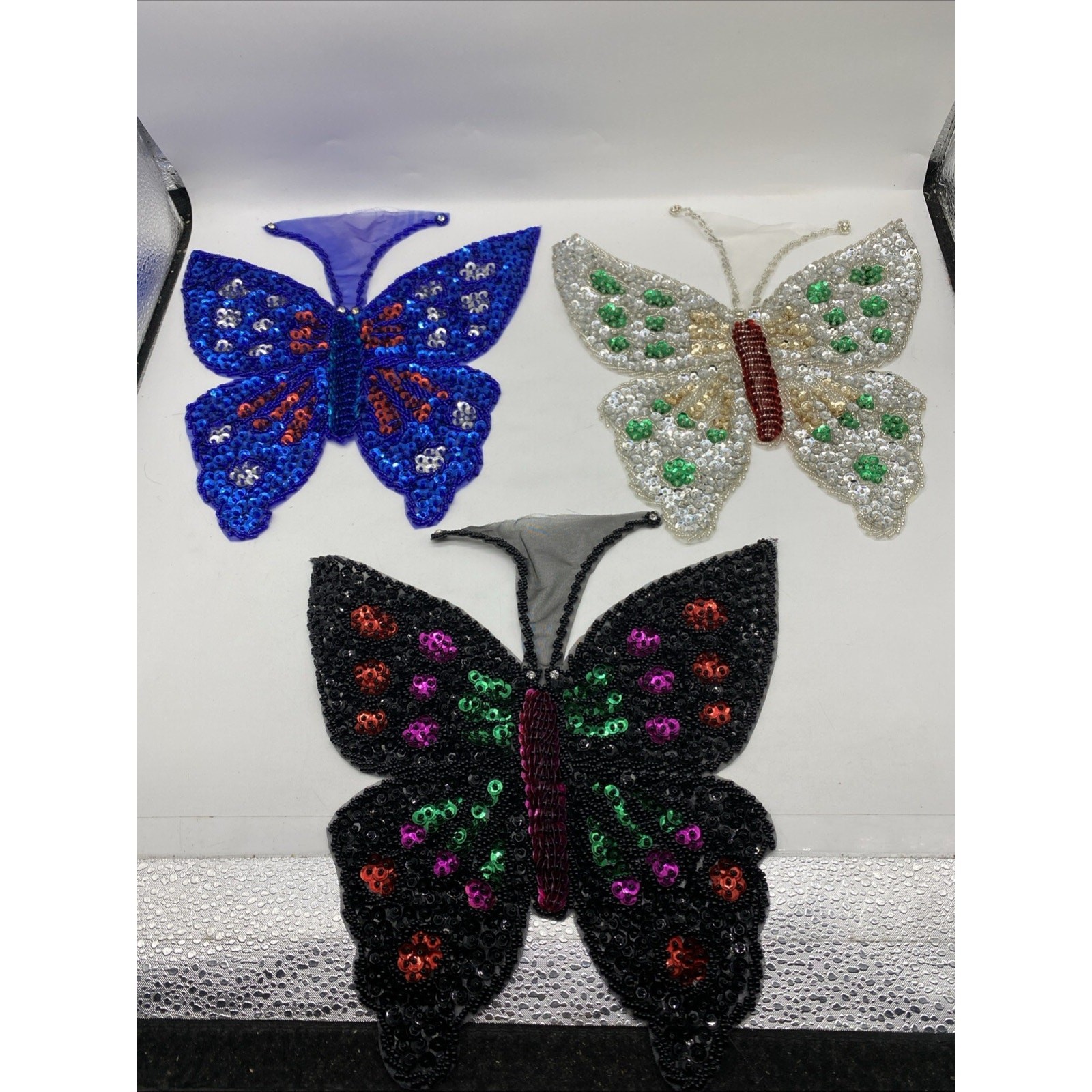 Lot 3 Huge VTG 80s 90s Butterfly Sequin Beaded Appliques 10\