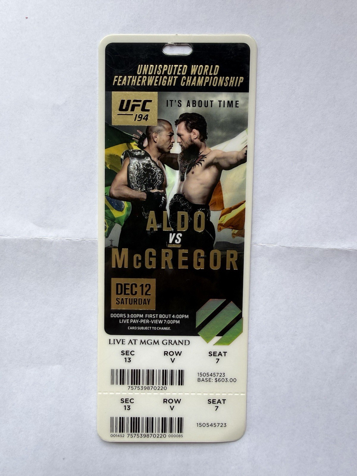 UFC 194 Jose Aldo Vs Conor McGregor Ticket Stub Rare December 12 2015 UFC 194 Jose Aldo Vs Conor McGregor Ticket Stub Rare December 12 2015