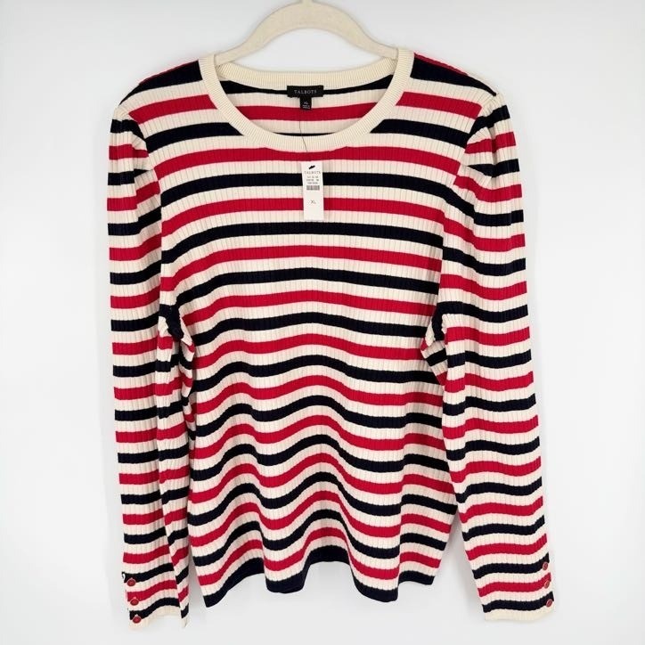 NEW Talbots Ribbed Sweater XL Red White Navy Striped Button Cuff Preppy Election