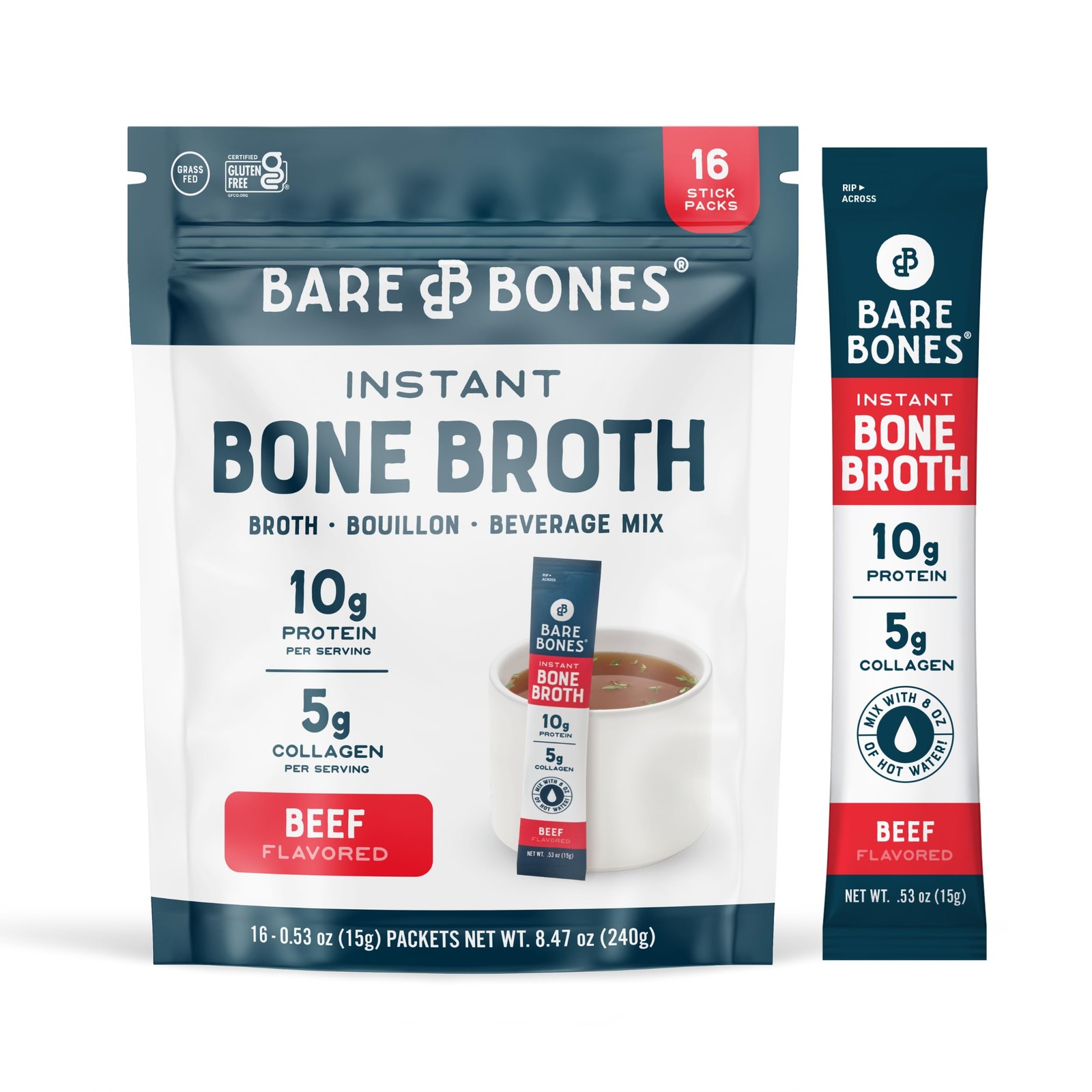 Bare Bones Beef Bone Broth Instant Powder Mix Packets 16 Pack