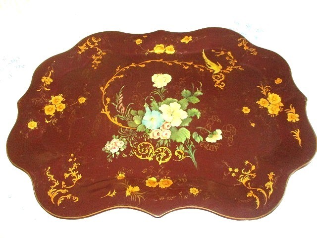 Huge Hand Painted Antique Red Mantel Tole Tray - Floral Gold Leaf & Exotic Bird