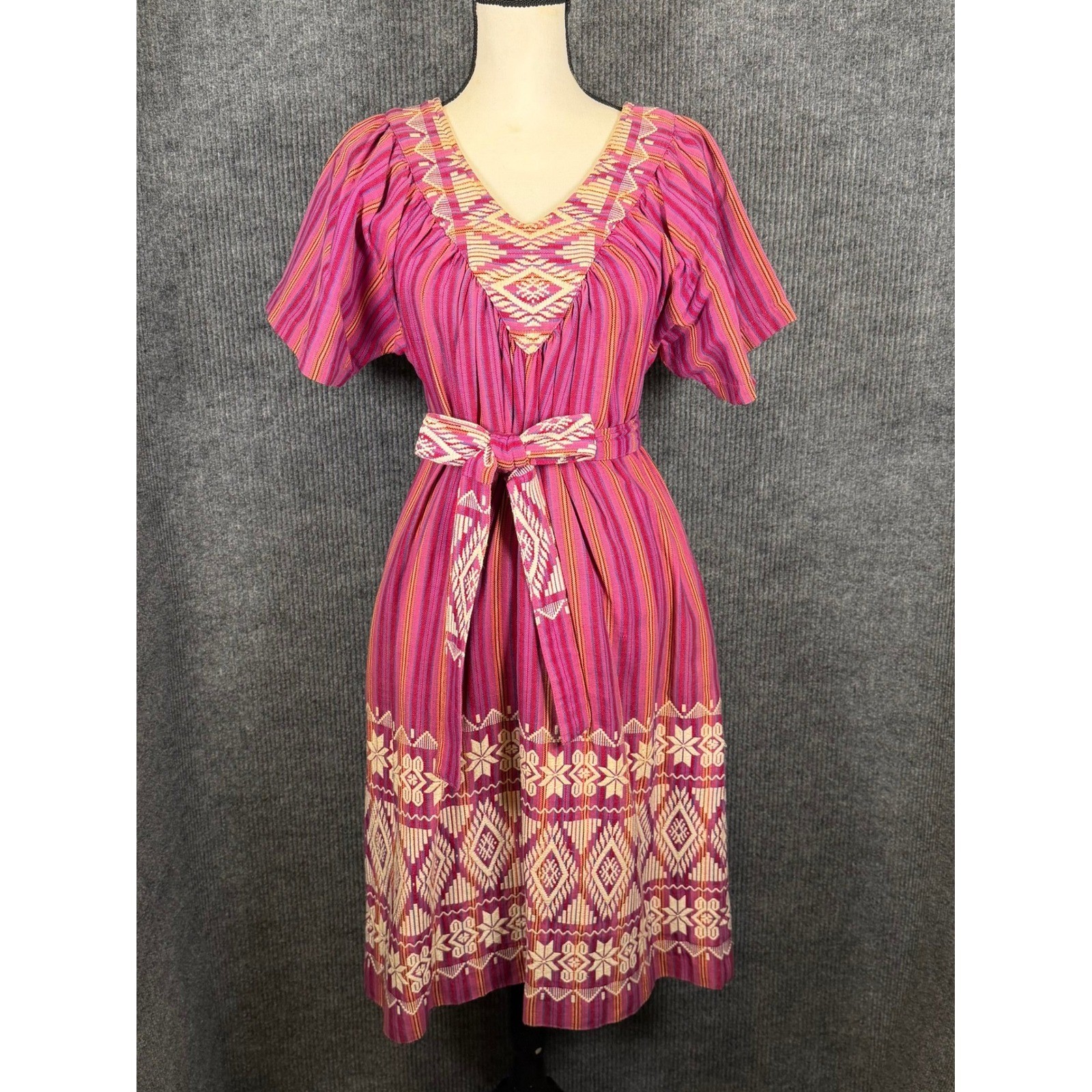 Vintage 70s Rivera Export Guatemala Cotton Woven Maxi Dress Belted Boho Folk S