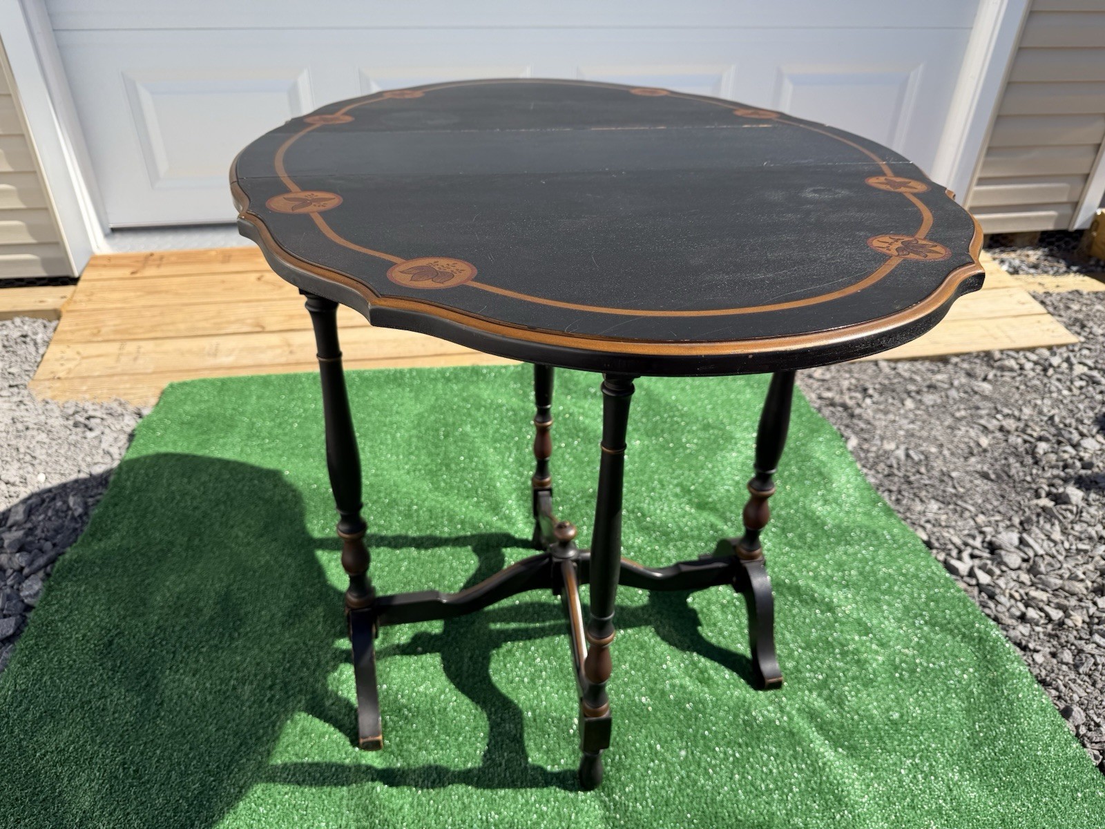 Vintage Black Painted Drop Leaf Table With Gold Floral & Edges, Turned Legs Vintage Black Painted Drop Leaf Table With Gold Floral & Edges, Turned Legs