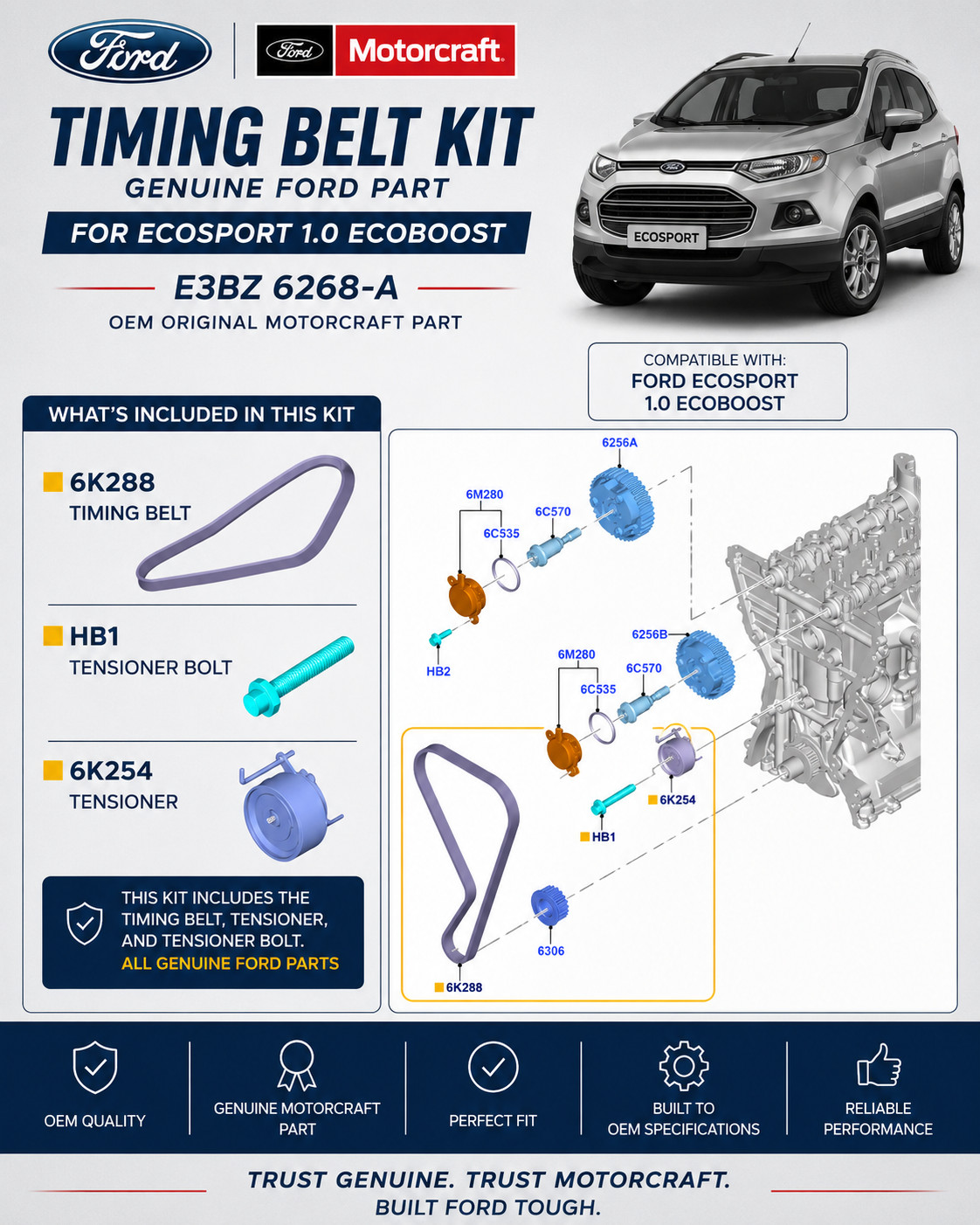 KIT - TIMING BELT GENUINE FORD ECOSPORT 1.0 ECOBOOST E3BZ 6268-A ORIGINAL FORD KIT - TIMING BELT GENUINE FORD ECOSPORT 1.0 ECOBOOST E3BZ 6268-A ORIGINAL FORD