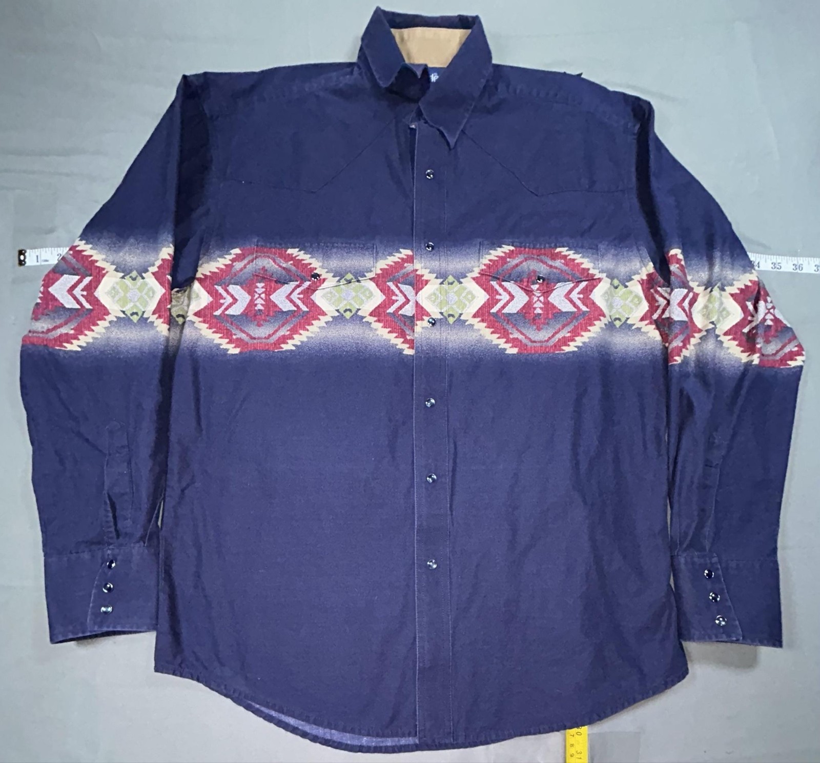 Wrangler Shirt Mens L Blue Southwestern Geometric Long Sleeve Western Button Up