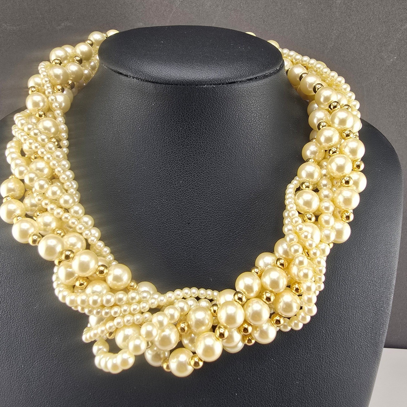 Vintage Carolee Necklace Cream Faux Pearl Multi Strand Gold Tone Choker 15in