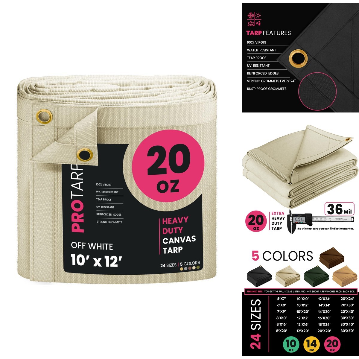 PROTARP Extreme Heavy Duty 20 OZ Canvas Tarp Off White 10\'X12\' PROTARP Extreme Heavy Duty 20 OZ Canvas Tarp Off White 10\'X12\'