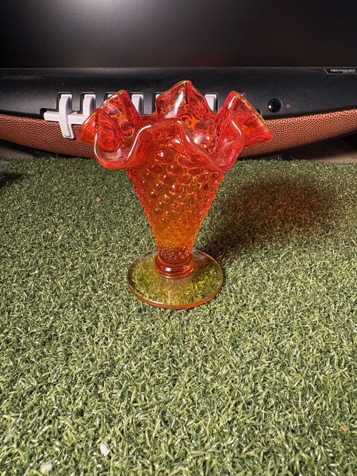 Vintage Fenton Glass Hobnail Mini Ruffled Trumpet Vase Amberina Orange/Yellowred