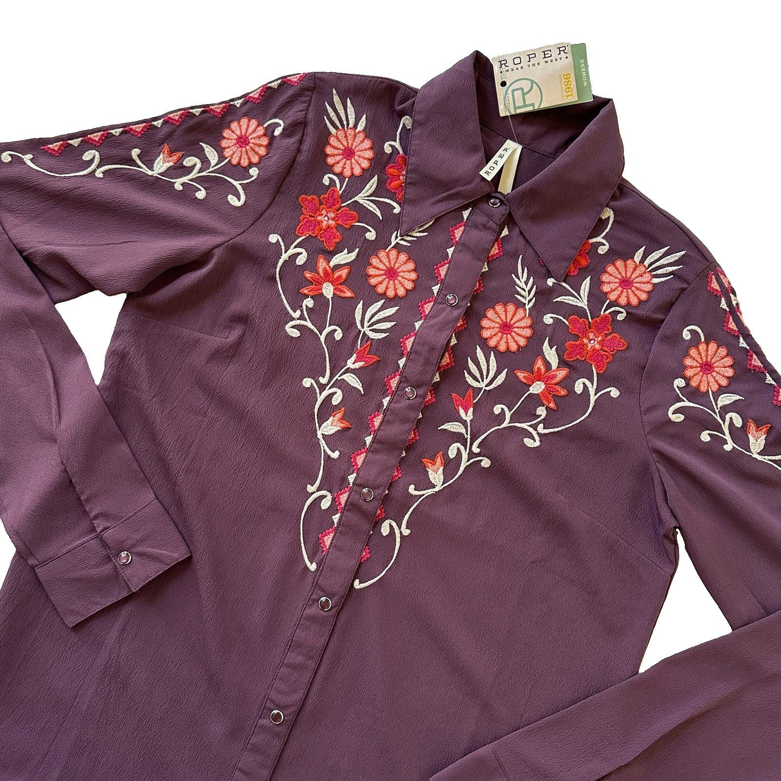 Roper Plum Floral Embroidered Western Snap Blouse Women\'s M Country NFR Rodeo