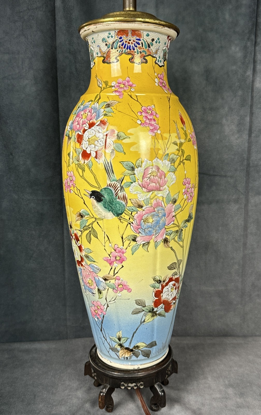 Antique Japanese Kyo-Satsuma Awata Vase Lamp Yellow Taizan Yohei IX Meiji 19\
