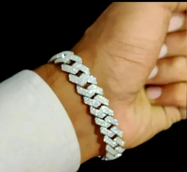 9Ct Round Cut Real Moissanite Men's 12mm x 8 inch Cuban Link Bracelet 925 Silver