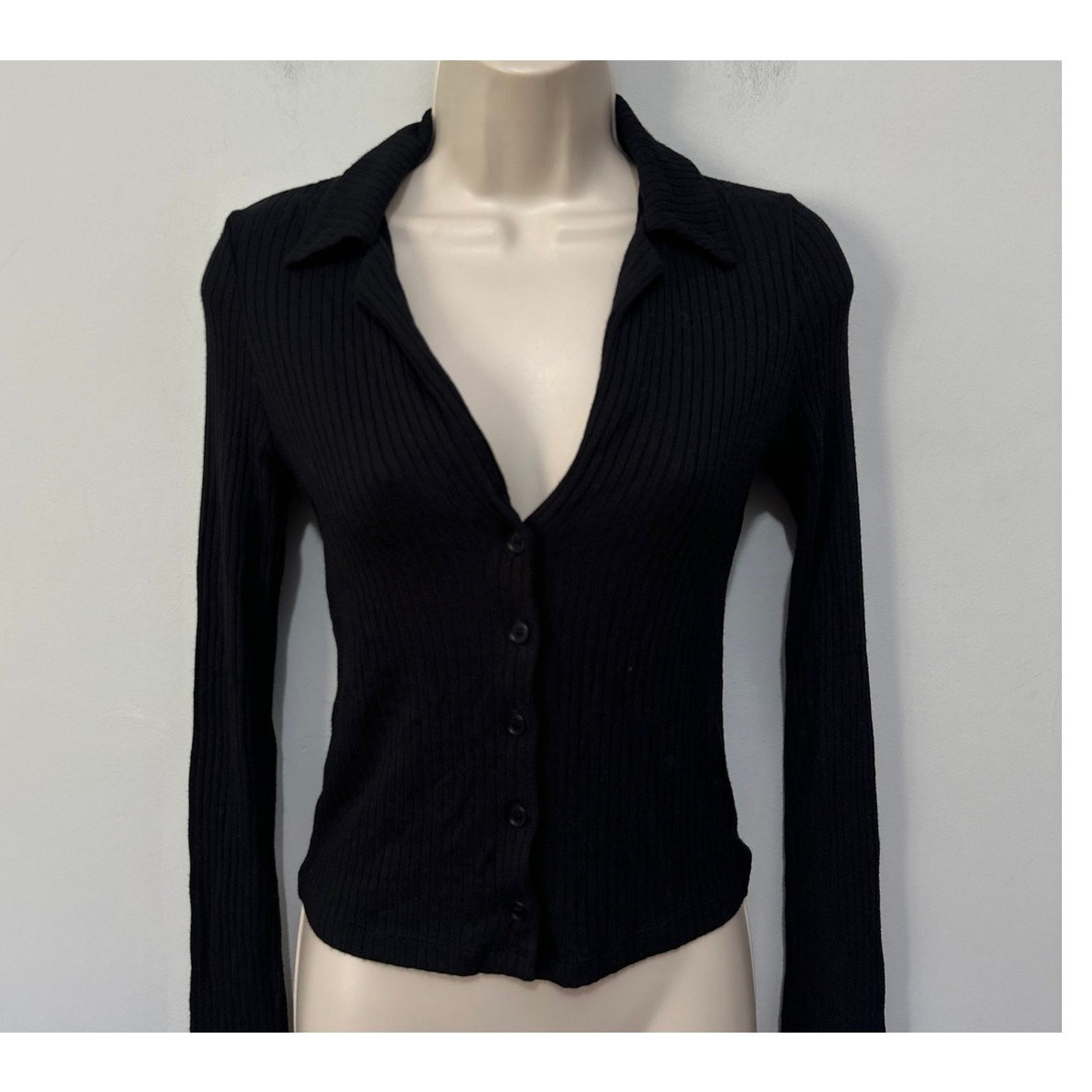 Reformation Jeans Top Womens Small Black Fitted Ribbed Knit Collared Minimalist