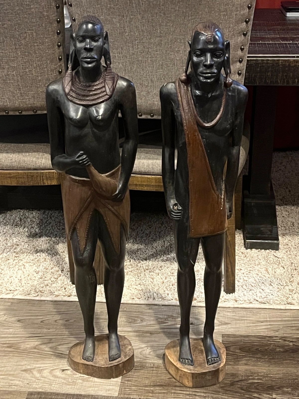Vtg Pair of Solid Carved Wood African Couple Statue Sculpture 36\'\' PLEASE READ