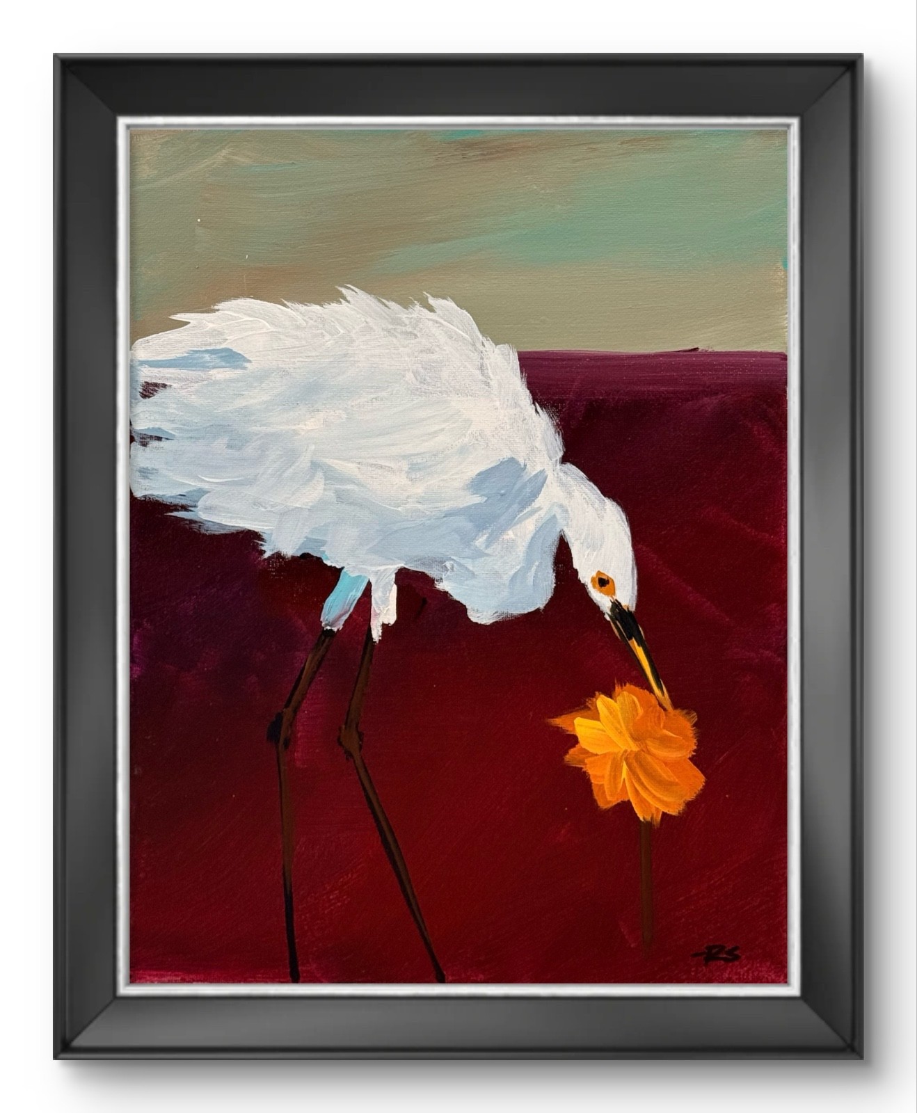 R Stevens Original 11x14 Modern Egret With Orange Flower Painting Signed Canvas