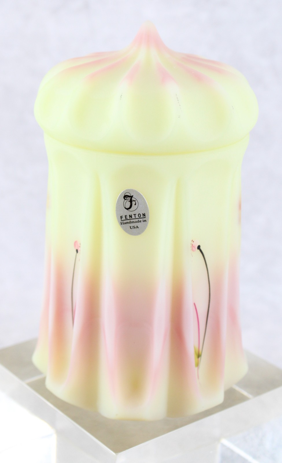Rare Fenton Burmese Floral Satin Art Glass Uranium Persian Tent Box Signed Rare Fenton Burmese Floral Satin Art Glass Uranium Persian Tent Box Signed