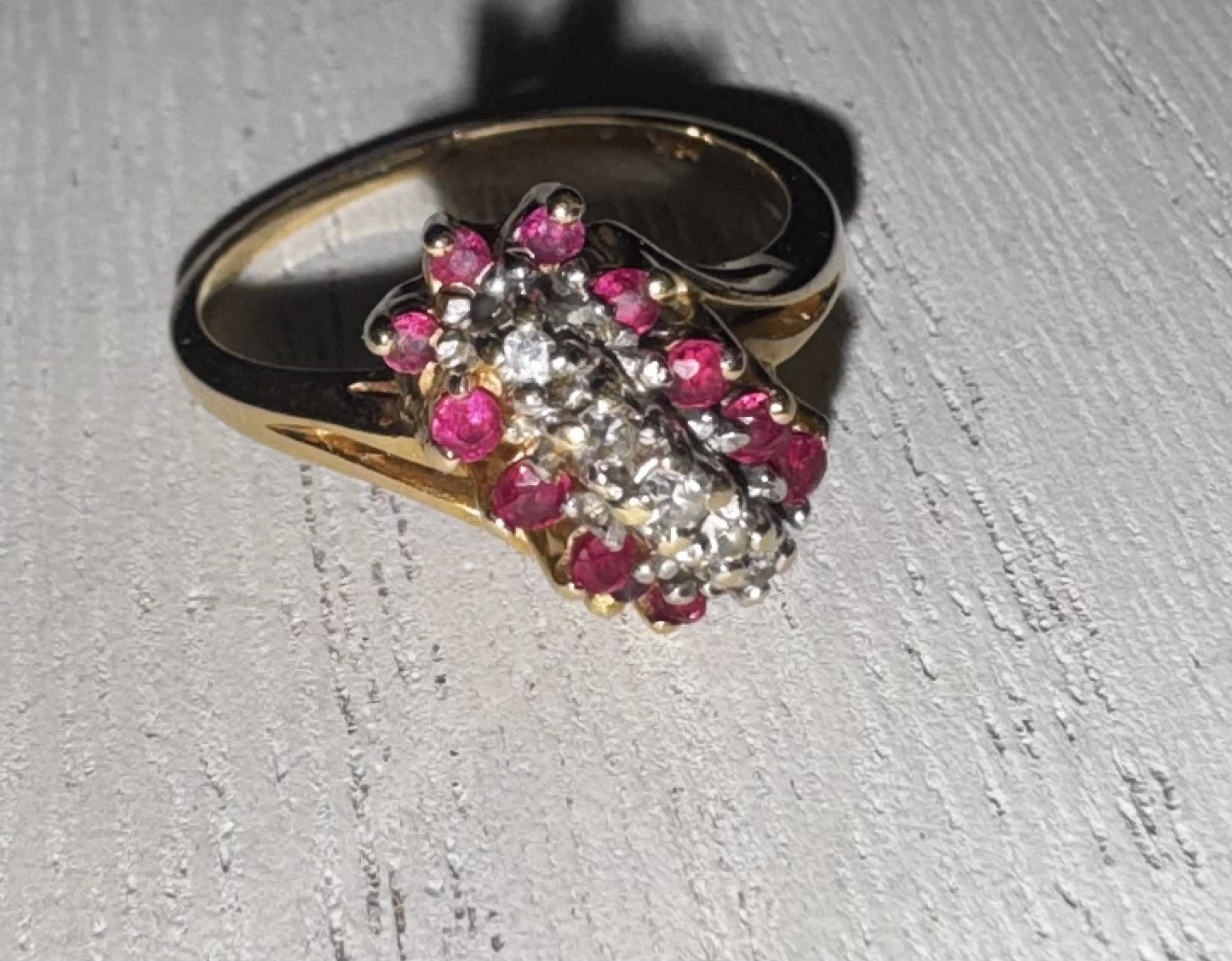 Vintage Solid 14K Gold Diamond Ruby Waterfall Cocktail Ring Sz 8 not scrap 3.6g Vintage Solid 14K Gold Diamond Ruby Waterfall Cocktail Ring Sz 8 not scrap 3.6g