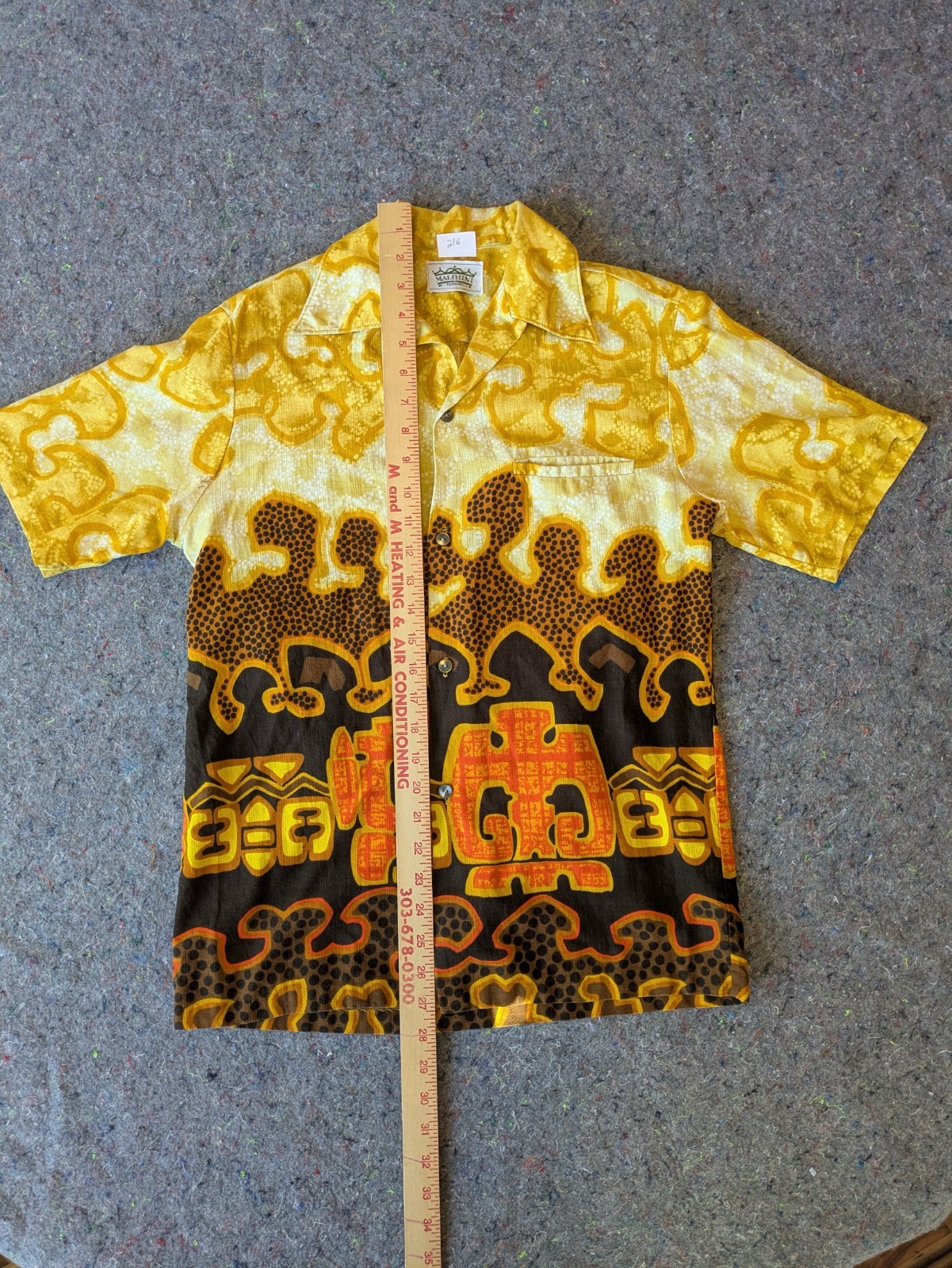 Vtg 1970s Malihini Hawaiian Bark Cloth Aloha Shirt Yellow Brown S - FLAW