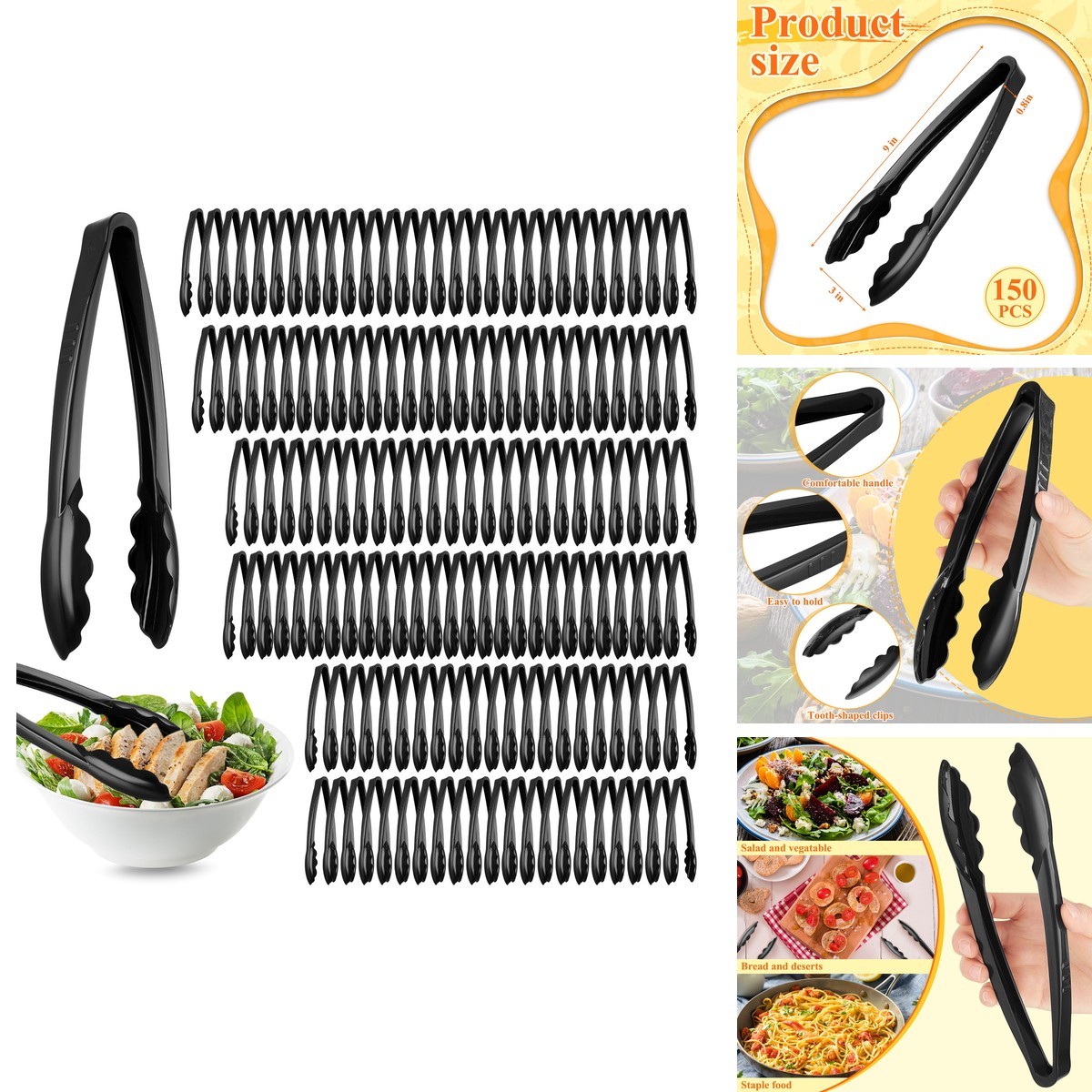 Tessco For You 150 Pcs Plastic Tongs, 9 Inch Disposable Serving Tongs, Black