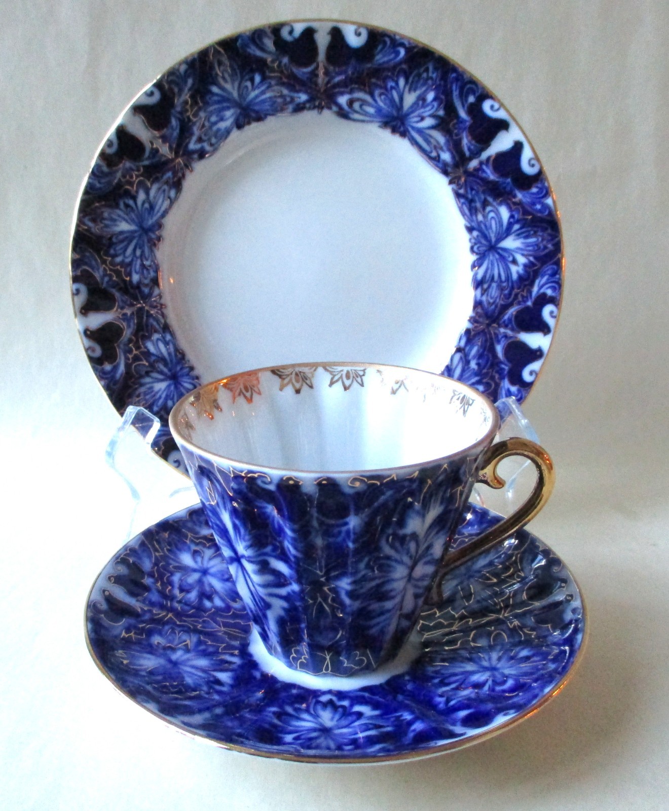 Vintage LOMONOSOV Cobalt Blue Cup Saucer Dessert Plate USSR BLACK COCKEREL Birds