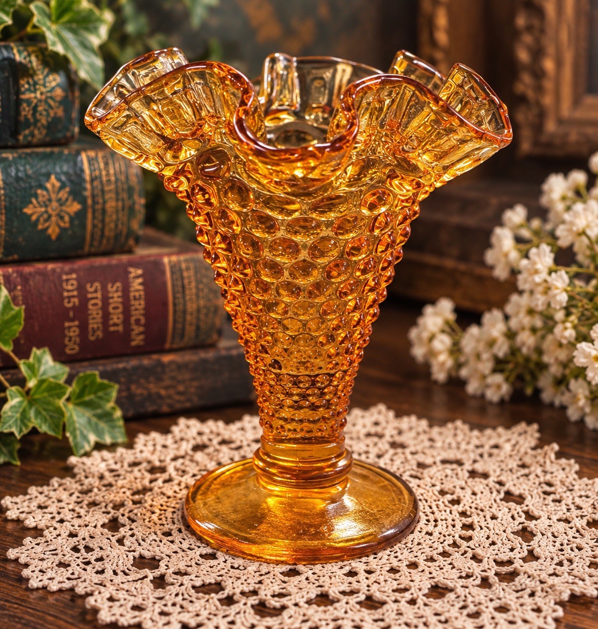 Fenton Glass Hobnail Ruffled Edge Amber Bud Vase 4\ Fenton Glass Hobnail Ruffled Edge Amber Bud Vase 4\