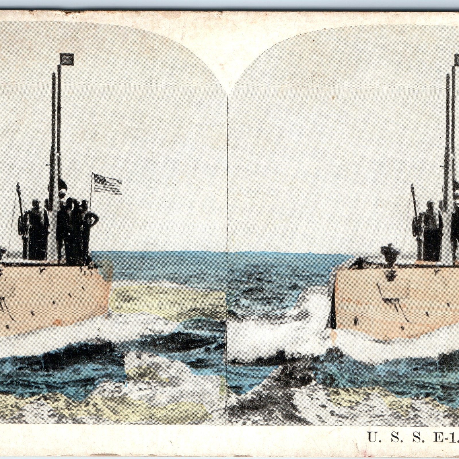 c1900s USS E-1 Submarine Navy Military American Flag Ocean Stereoview Muller V14