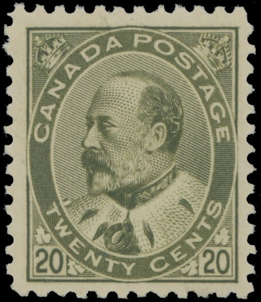 1904, CANADA KING EDWARD VII, 20C OLIVE GREEN, NH, VF, CERTIFICATE, UN.#94 1904, CANADA KING EDWARD VII, 20C OLIVE GREEN, NH, VF, CERTIFICATE, UN.#94